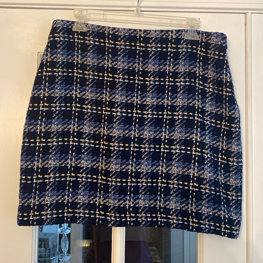 Boston Proper tweed mini (navy, sky blue, white, + gold metallic thread)